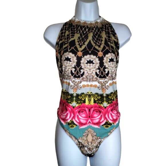 Floral and Geo Pattern Multi Color One Piece High Back Halter Top Size Large - Picture 1 of 6